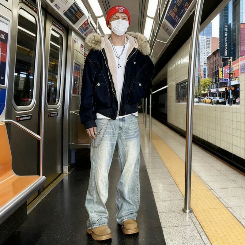 Hip-hop Winter Men Coat New Casual Thick Warm Women Parka Coat Streetwear Loose Hooded Faux Mink Collar Couple Short Coat