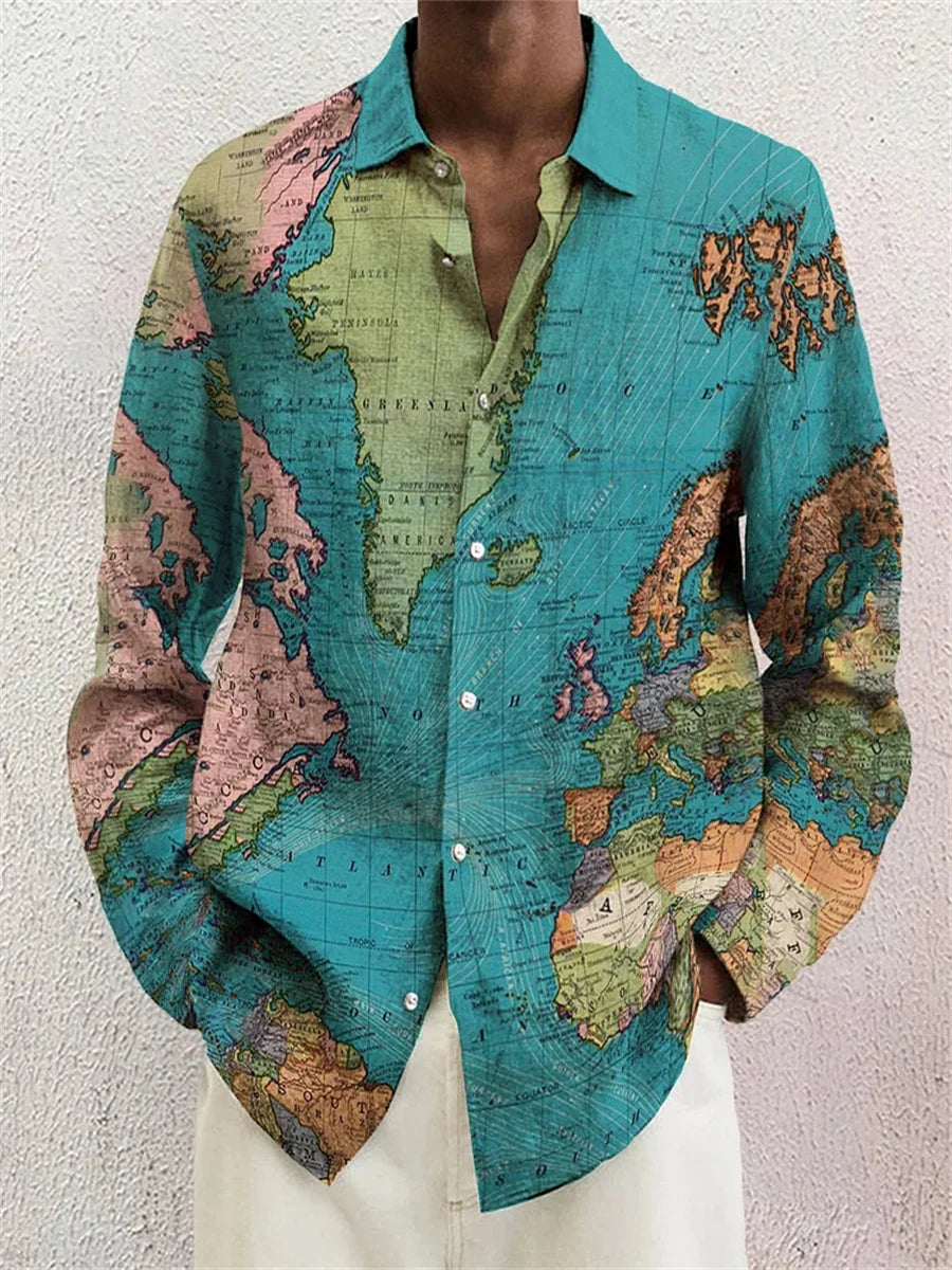 Men's Shirt Long Sleeve Lapel Loose Casual Outdoor Spring Summer High Quality Material Map Stitching Plaid 3D Printing Plus Size
