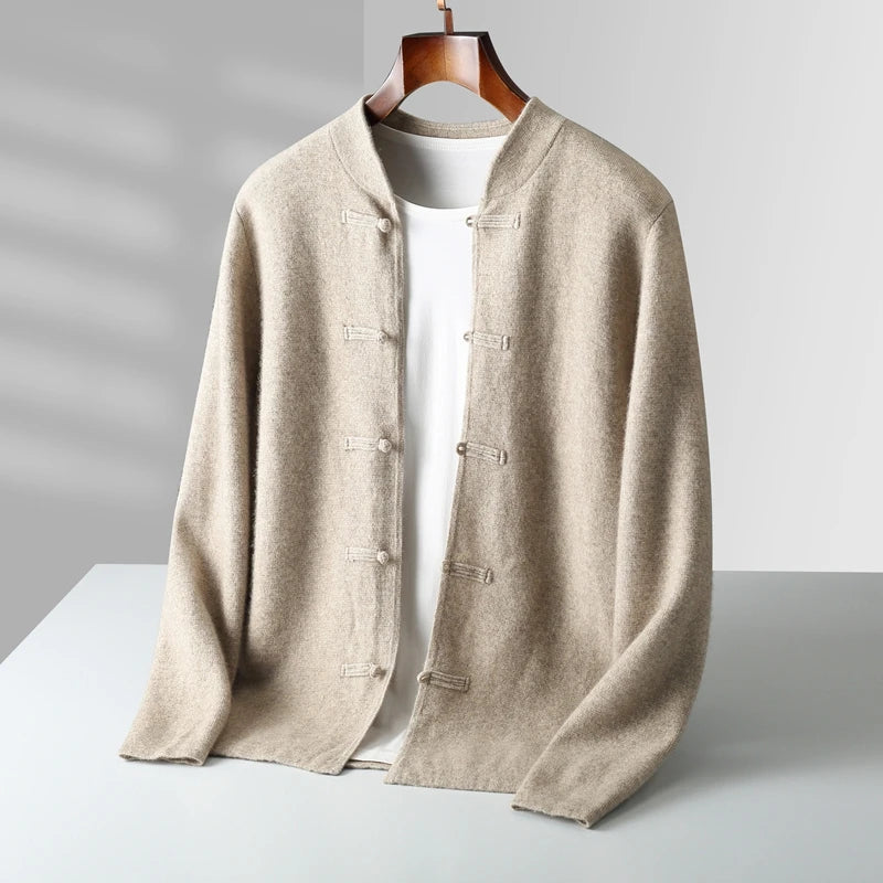 Autumn and winter new 100% merino wool men's cardigan retro Tang suit casual cashmere sweater knitted padded jacket