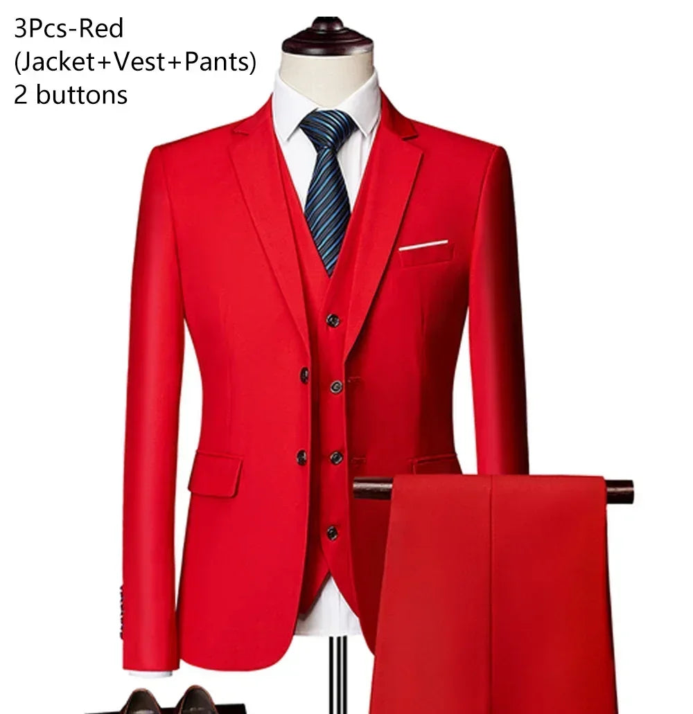 Men's 3 Piece Suit Set Solid Color for Wedding Formal Business Dress Blazer Vest Pants Classic Tuxedo Party Groomsmen