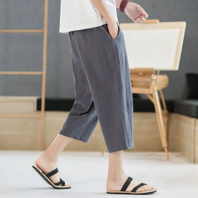 2025 New Summer Men Casual Pants Ice Silk Thin Solid Color Cropped Pants Fashion Hip Hop Street Sweatpants Male Loose Trousers