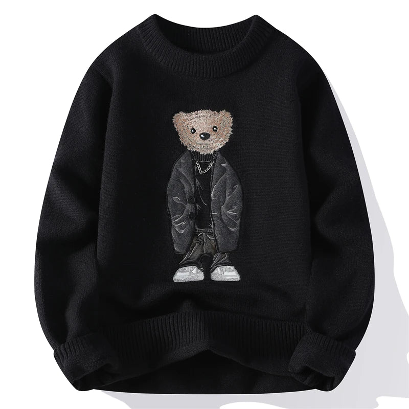 Winter Men's Warm Fleece Sweater O-Neck Embroidered Casual Knitted Inner Lap Pullovers Thick Thermal Printed Sweater