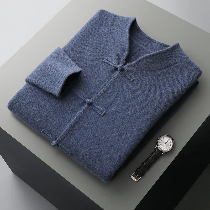 Autumn and winter new 100% merino wool men's cardigan retro Tang suit casual cashmere sweater knitted padded jacket