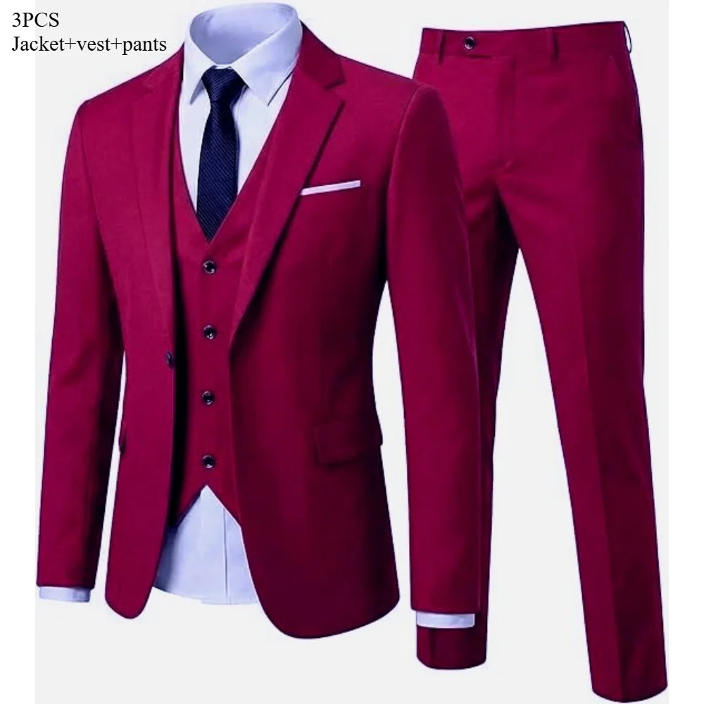 Men's 3 Piece Suit Set Solid Color for Wedding Formal Business Dress Blazer Vest Pants Classic Tuxedo Party Groomsmen