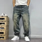 2025 Summer American Retro Loose Straight Leg Jeans for Men with Torn Holes, Patch Fabric, Versatile Long Pants in Blue