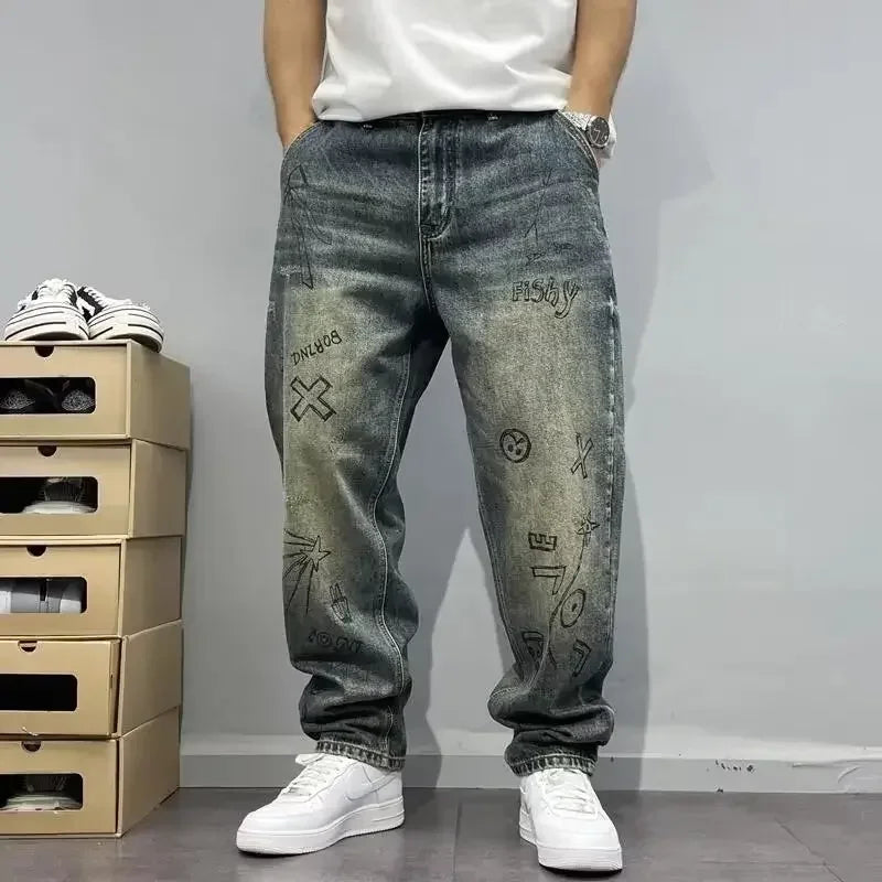 2025 Summer American Retro Loose Straight Leg Jeans for Men with Torn Holes, Patch Fabric, Versatile Long Pants in Blue
