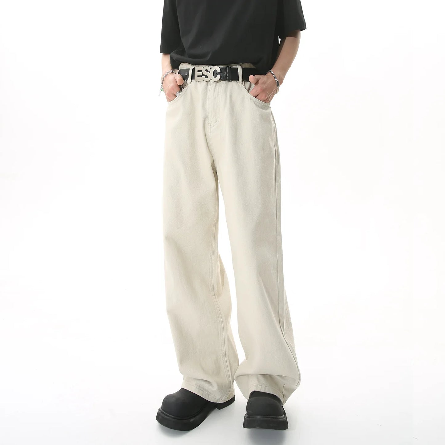 2025 Apricot black Men's Wear New Coffee Casual Denim Trousers Spring Loose Simple Vintage Wide Leg Male Jeans Korean Fashion