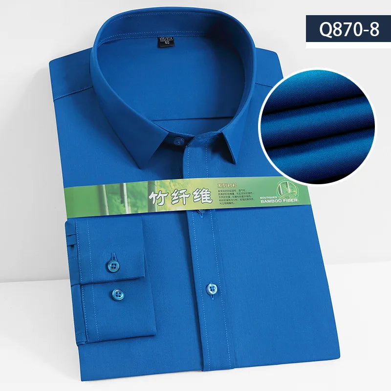 Bamboo Fiber 8XL Men's Shirt Long Sleeve Business Camisa Social Work Blue Gray Black White Long Sleeve Shirt for Men Slim Fit