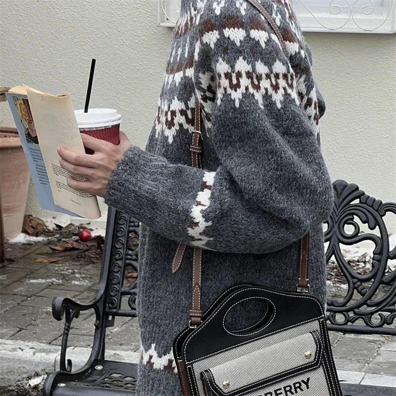Spring Men's Fair Isle Jacquard Sweater Vintage Loose Printed Crewneck Knit Pullovers Korean Fashion Y2K Streetwear Jumpers