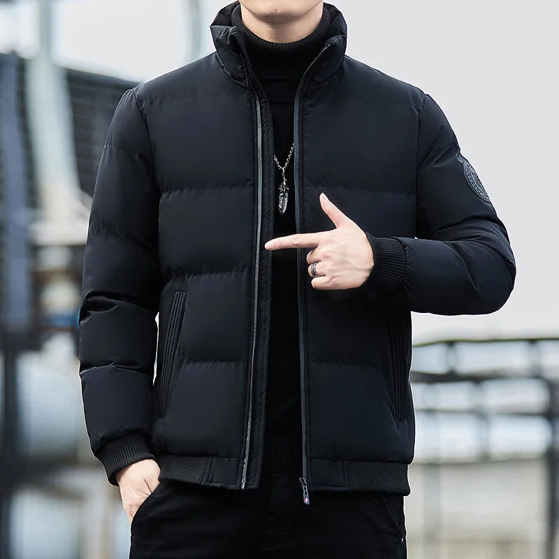 Men's Winter Thickened Short Cotton Jacket Stand Collar Loose Casual Fashionable Polyester Fiber Zipper Closure Solid Color