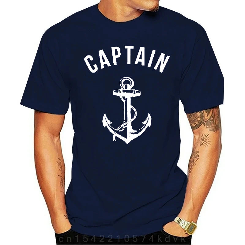 Fashion casual T shirt  Funny Men Captain Anchor Navy Nautical Sea Ocean Sailor Ship Marine Beach 100% Cotton