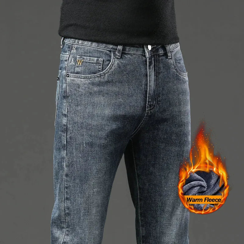 Winter Fleece Lined Warm Men's Jeans Slim Straight Korean Velvet Denim Pants Retro Soft Thick Casual Trousers Daily Outdoor Wear