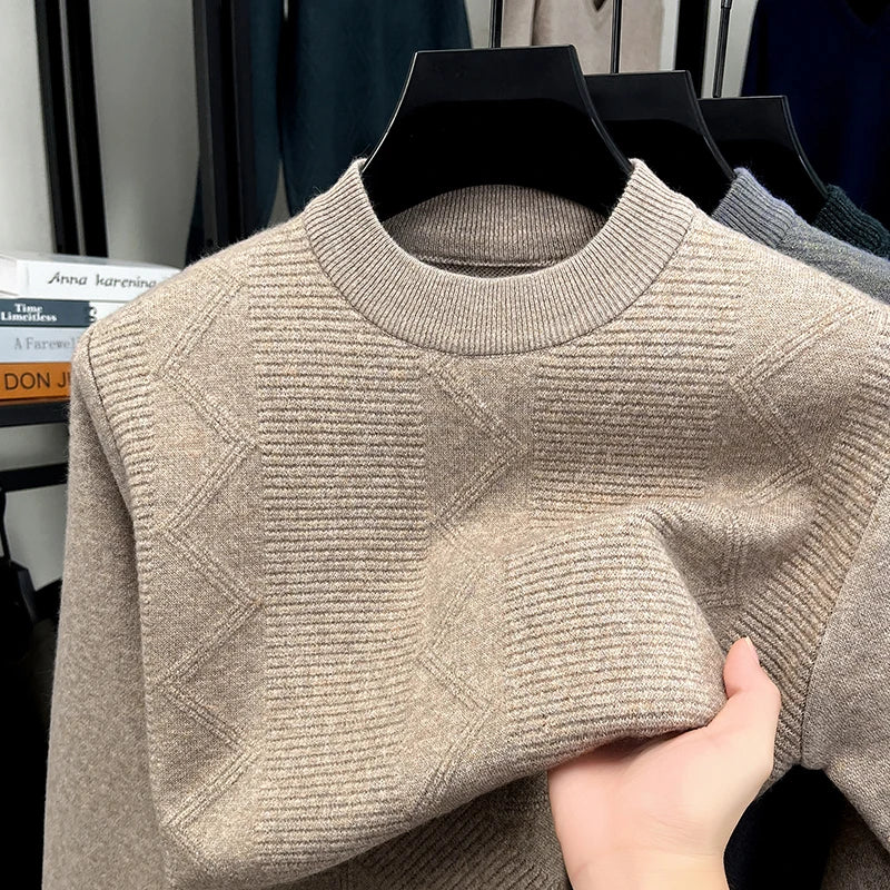 Fashion solid color jacquard men's sweater high-quality luxury soft comfort autumn winter new casual round neck knitted pullover