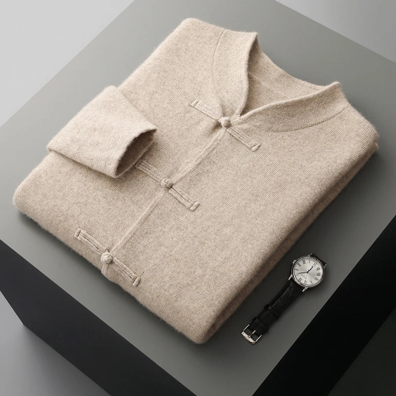 Autumn and winter new 100% merino wool men's cardigan retro Tang suit casual cashmere sweater knitted padded jacket