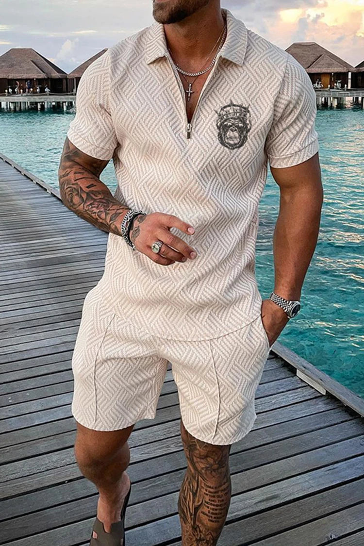 Summer Men's Luxury Polo Shirt Shorts Suit Fashion Trend Tracksuit 2 Pieces Vintage Tiger Print Outfit Set Male Casual Clothing