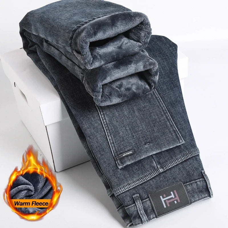Winter Fleece Lined Warm Men's Jeans Slim Straight Korean Velvet Denim Pants Retro Soft Thick Casual Trousers Daily Outdoor Wear