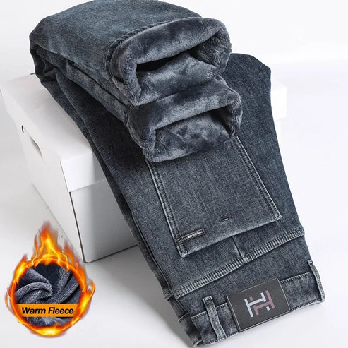 Winter Fleece Lined Warm Men's Jeans Slim Straight Korean Velvet Denim Pants Retro Soft Thick Casual Trousers Daily Outdoor Wear