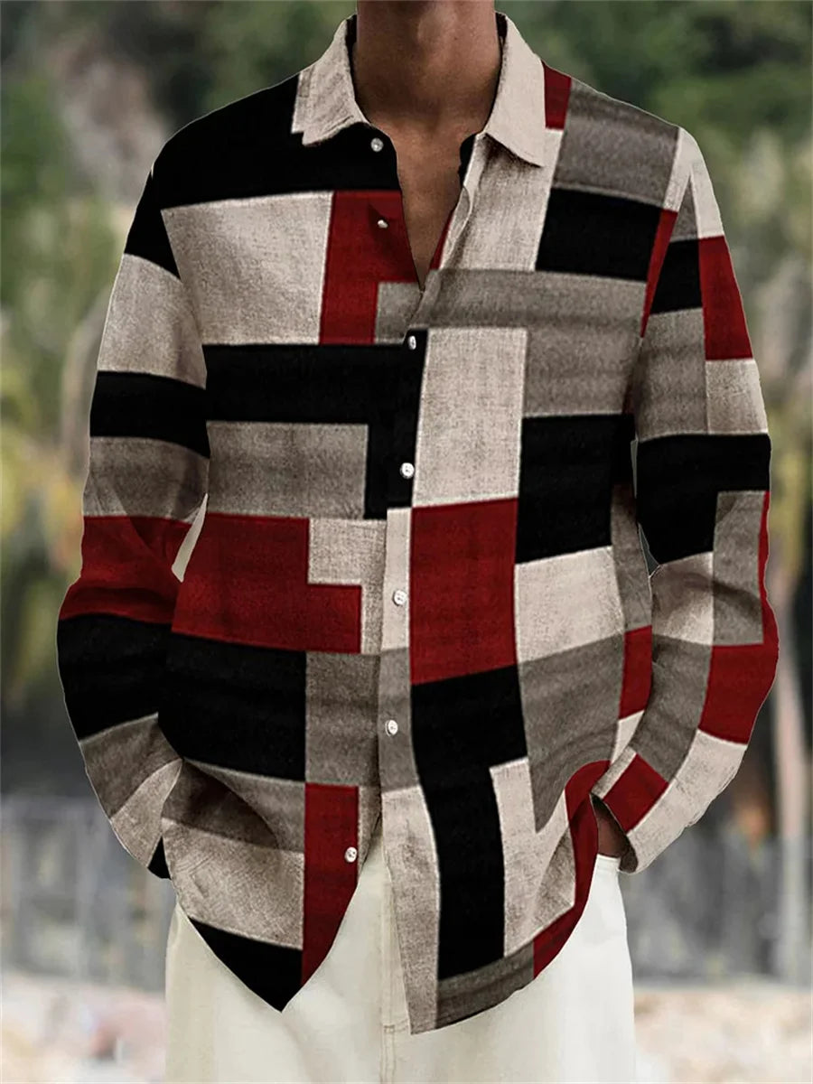 Men's Shirt Long Sleeve Lapel Loose Casual Outdoor Spring Summer High Quality Material Map Stitching Plaid 3D Printing Plus Size