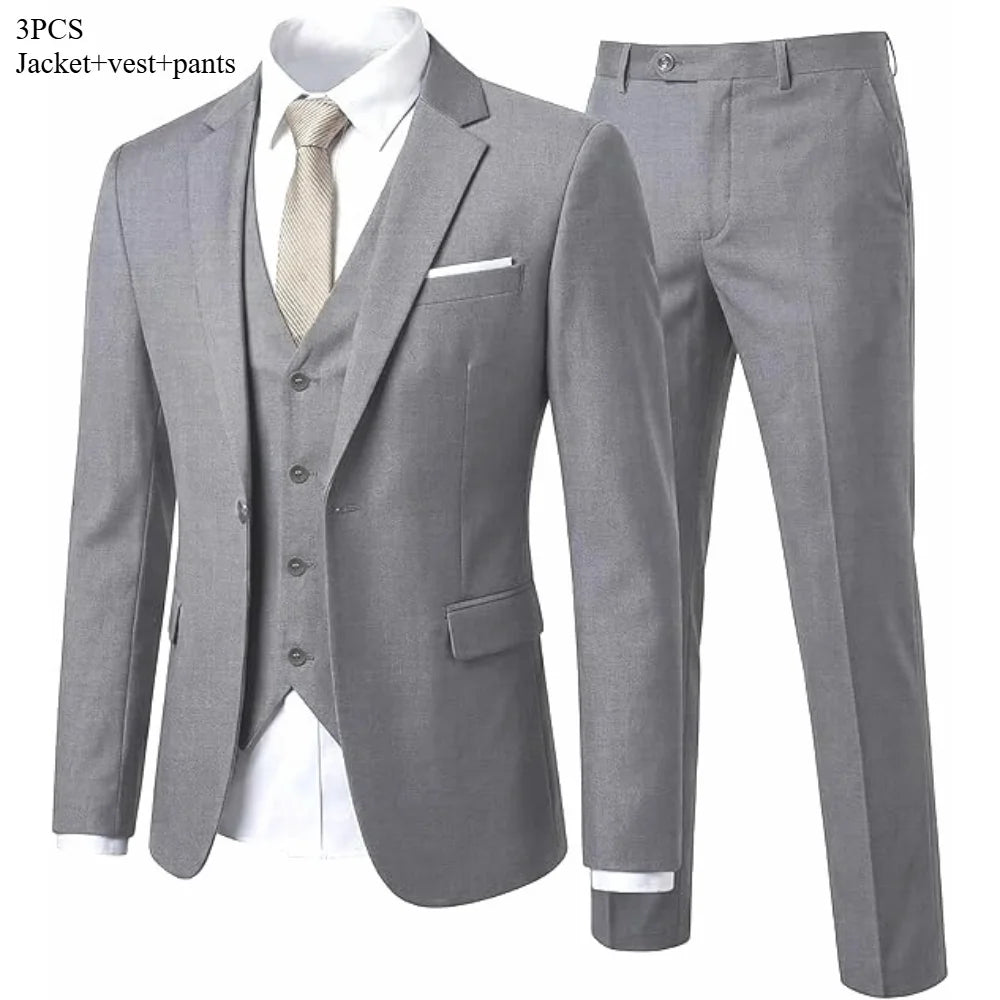 Men's 3 Piece Suit Set Solid Color for Wedding Formal Business Dress Blazer Vest Pants Classic Tuxedo Party Groomsmen