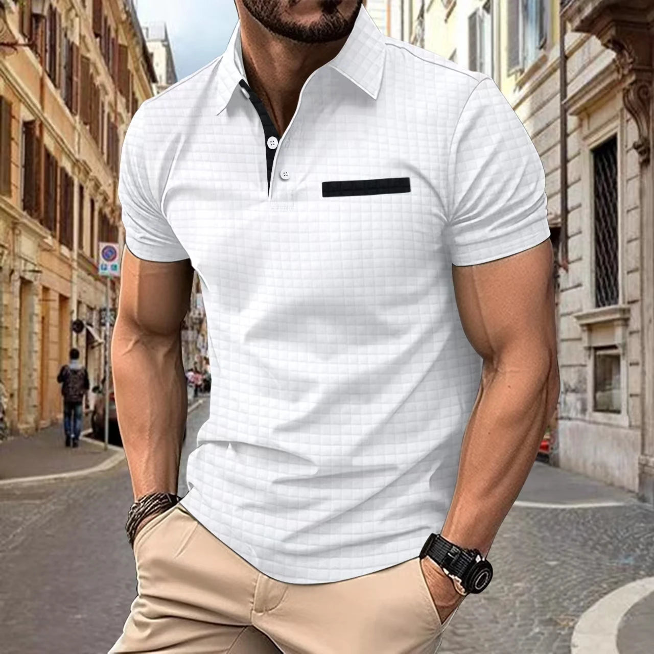 Summer new men's POLO shirt outdoor casual solid-color checkered false pocket design breathable lapel short-sleeved top