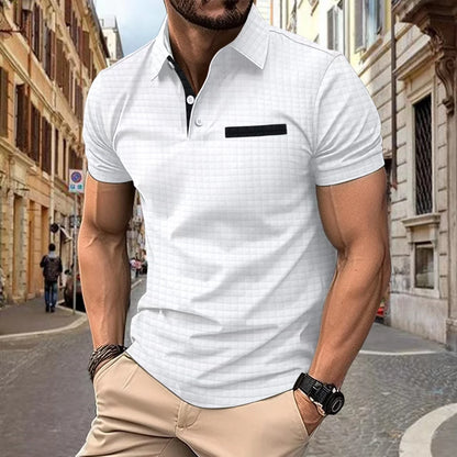 Summer new men's POLO shirt outdoor casual solid-color checkered false pocket design breathable lapel short-sleeved top