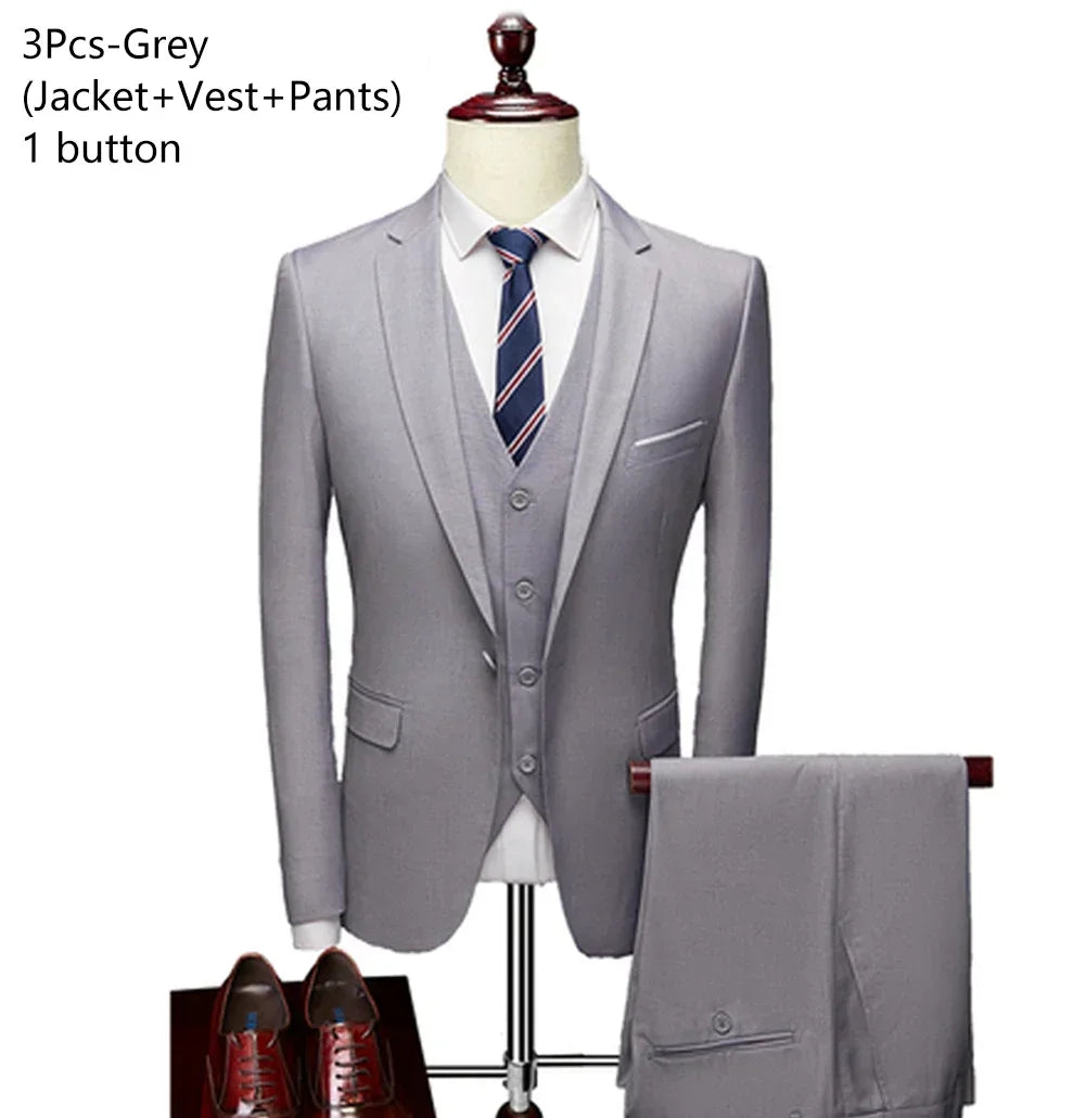 Men's 3 Piece Suit Set Solid Color for Wedding Formal Business Dress Blazer Vest Pants Classic Tuxedo Party Groomsmen