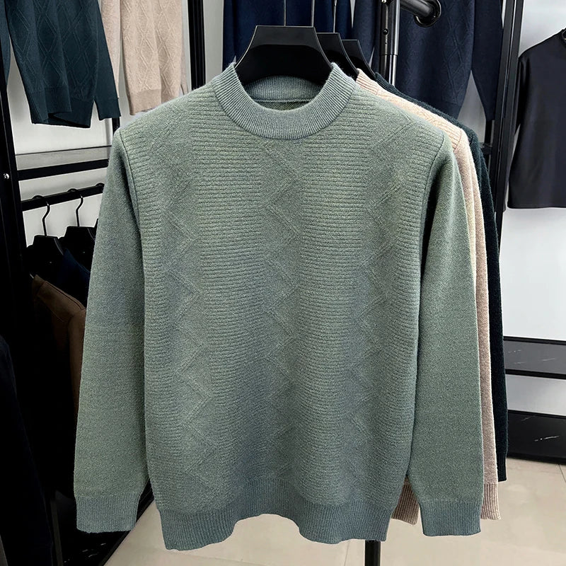 Fashion solid color jacquard men's sweater high-quality luxury soft comfort autumn winter new casual round neck knitted pullover