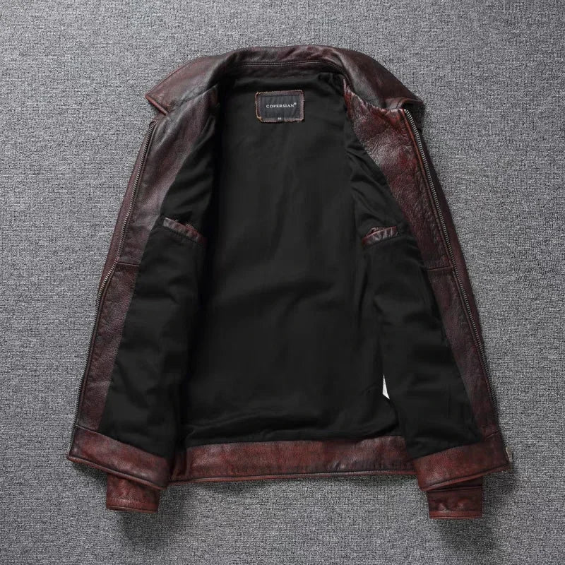 Retro Distressed Lapel First Layer Cowhide Leather Motorcycle Jacket Men's Slim Short Classic Men's Leather Jacket