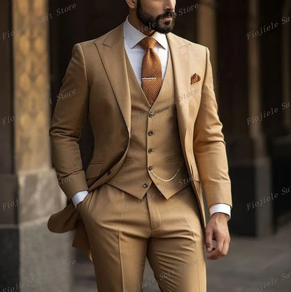 New Beige Business Suit Men Tuxedos Groom Groomsman Prom Wedding Party Formal 3 Piece Set Jacket Vest Pants