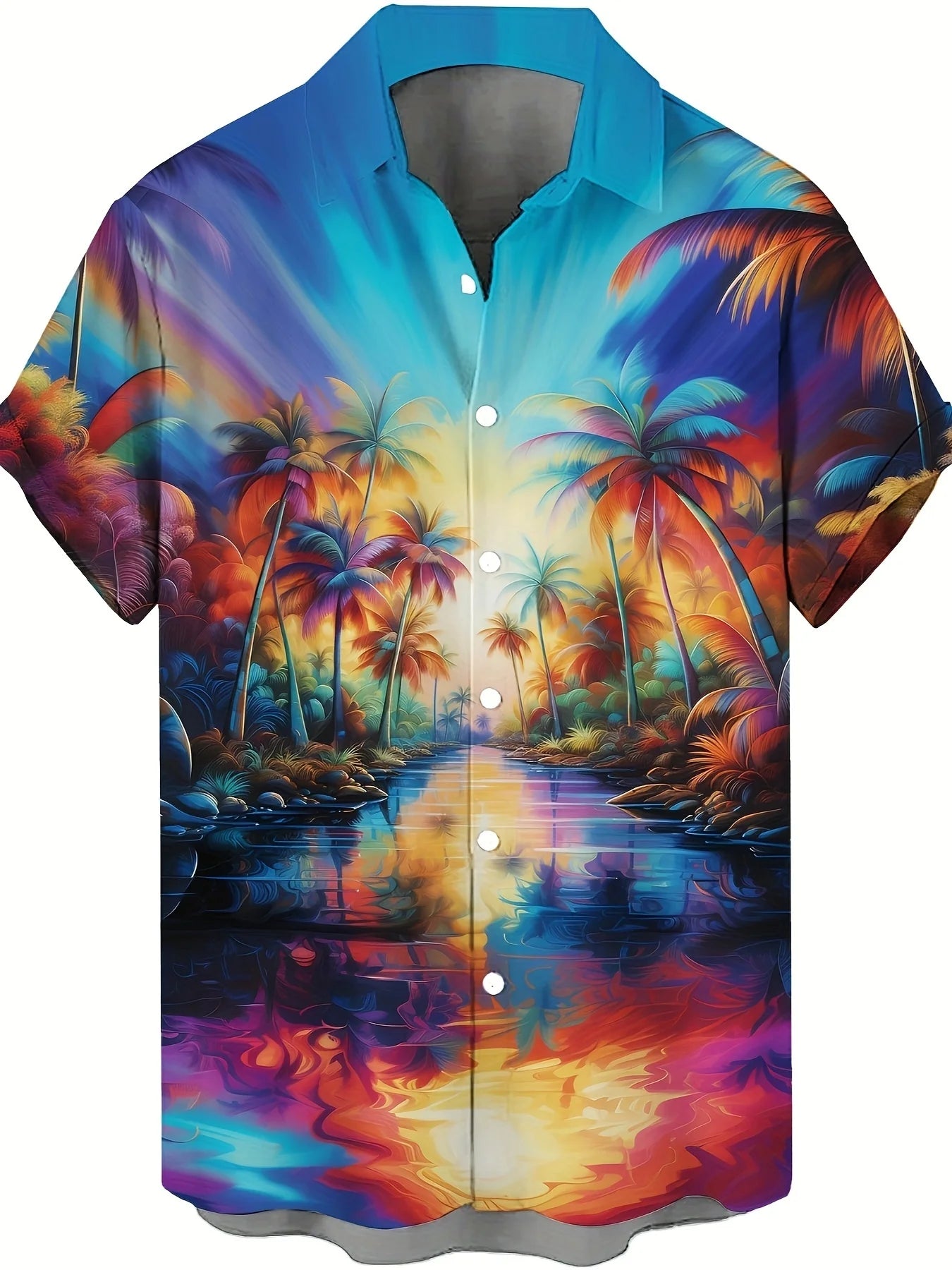 Men's Hawaiian Shirts Summer Casual Hawaiian Palm Tree Landscape Print Button Lapel Short Sleeve Shirts Men's Short Sleeve Shirt