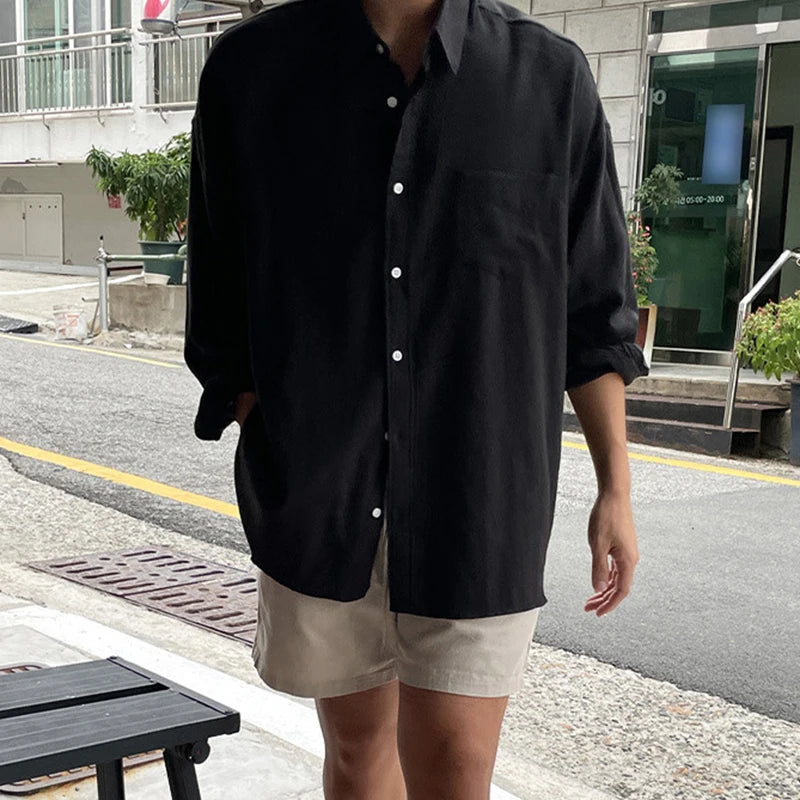 2025 Spring Fall Casual Shirts Mens Long Sleeve Buttoned Leisure Cardigan Tops For Men Trendy Solid Color Turn-down Collar Shirt