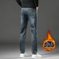 Winter Fleece Lined Warm Men's Jeans Slim Straight Korean Velvet Denim Pants Retro Soft Thick Casual Trousers Daily Outdoor Wear