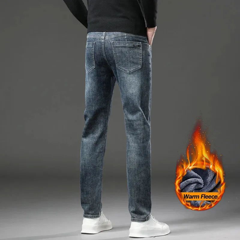 Winter Fleece Lined Warm Men's Jeans Slim Straight Korean Velvet Denim Pants Retro Soft Thick Casual Trousers Daily Outdoor Wear