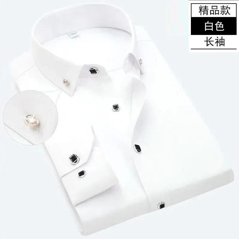 Men's Long Sleeved Shirt Spring and AutumnWhite Casual High Cotton Anti Wrinkle Professional Dress Shirt Men's Diamond Button