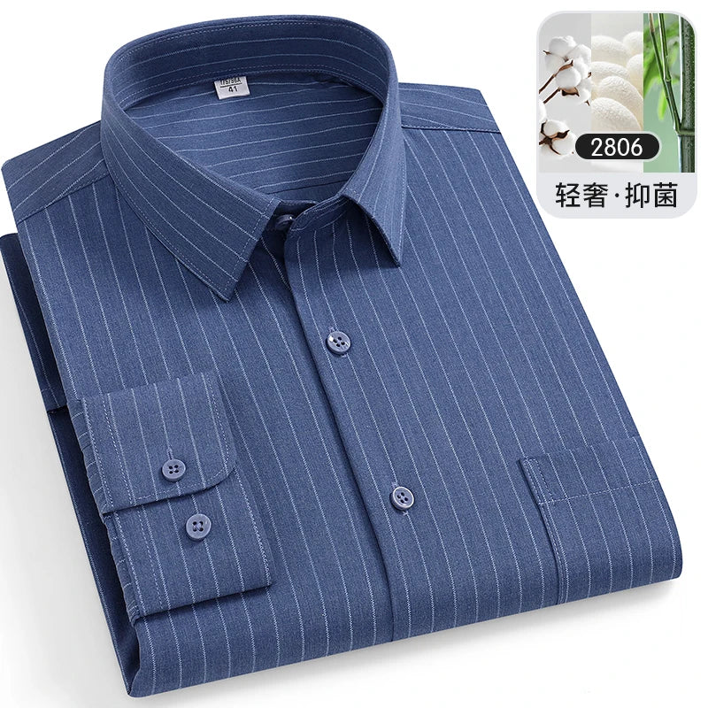 Large Size 8XL-7XL-6XL Men's Shirts Bamboo Fiber Long Sleeve Anti-wrinkle Soft Casual Fashion Business Plaid Shirt Male Clothing