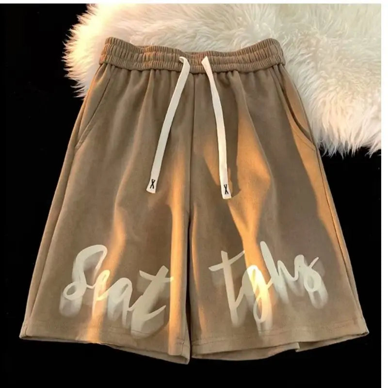 Summer Thin Vintage Patchwork Straight Loose Printed Letter Shorts Men Elastic Waist Drawing Pockets Versatile Wide Leg Pants