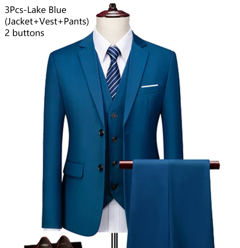 Men's 3 Piece Suit Set Solid Color for Wedding Formal Business Dress Blazer Vest Pants Classic Tuxedo Party Groomsmen