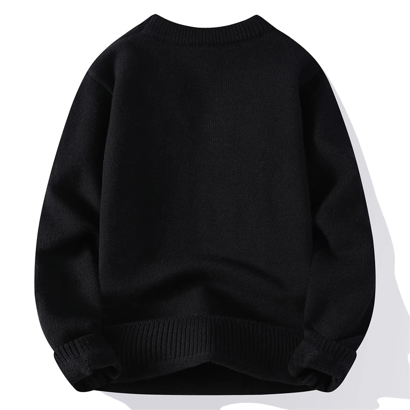 Winter Men's Warm Fleece Sweater O-Neck Embroidered Casual Knitted Inner Lap Pullovers Thick Thermal Printed Sweater