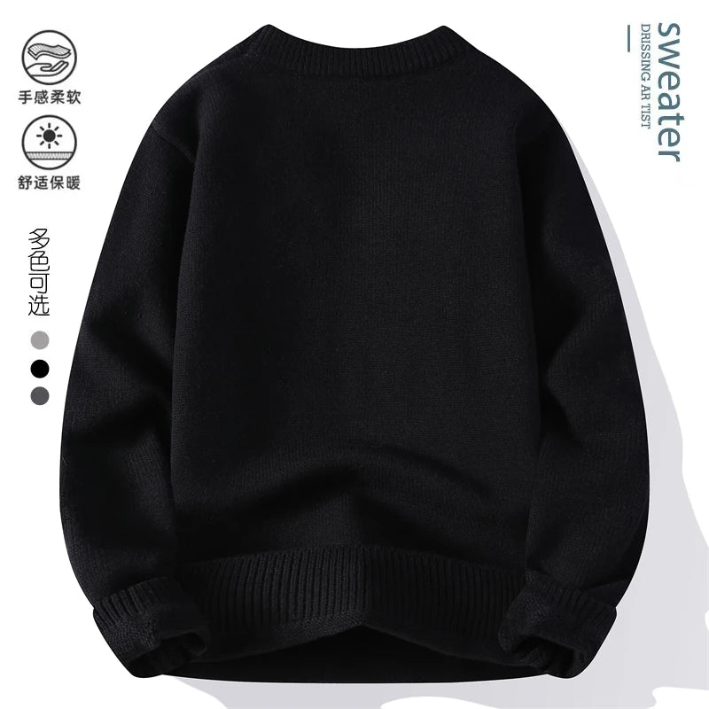 Winter Men's Warm Fleece Sweater O-Neck Embroidered Casual Knitted Inner Lap Pullovers Thick Thermal Printed Sweater