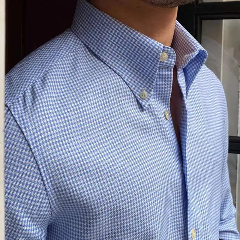 British Fashion Slim Shirt Trend Men Shirt Office Tuxedo Shirt Social Business Lattice Shirts Men Cuba Collar Long Sleeve Shirt