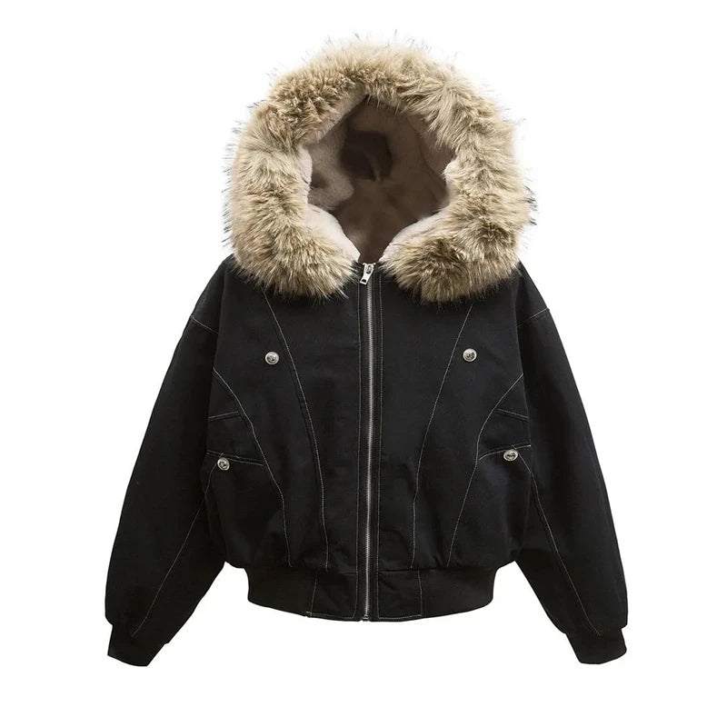 Hip-hop Winter Men Coat New Casual Thick Warm Women Parka Coat Streetwear Loose Hooded Faux Mink Collar Couple Short Coat