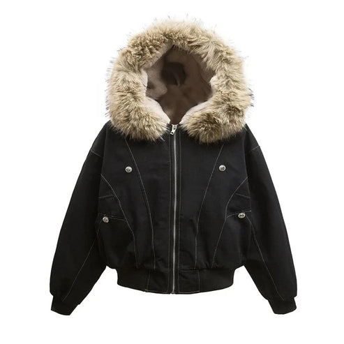 Hip-hop Winter Men Coat New Casual Thick Warm Women Parka Coat Streetwear Loose Hooded Faux Mink Collar Couple Short Coat