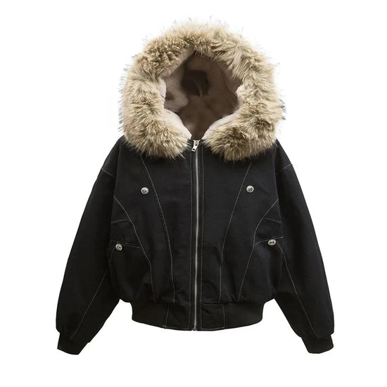 Hip-hop Winter Men Coat New Casual Thick Warm Women Parka Coat Streetwear Loose Hooded Faux Mink Collar Couple Short Coat