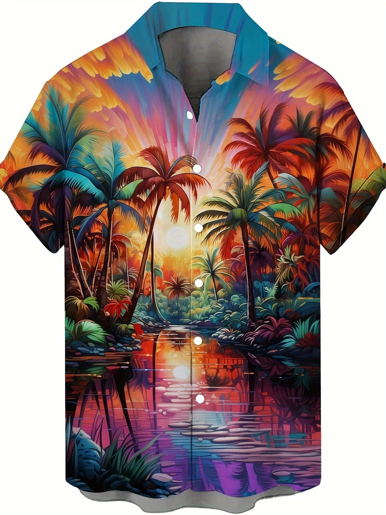 Men's Hawaiian Shirts Summer Casual Hawaiian Palm Tree Landscape Print Button Lapel Short Sleeve Shirts Men's Short Sleeve Shirt