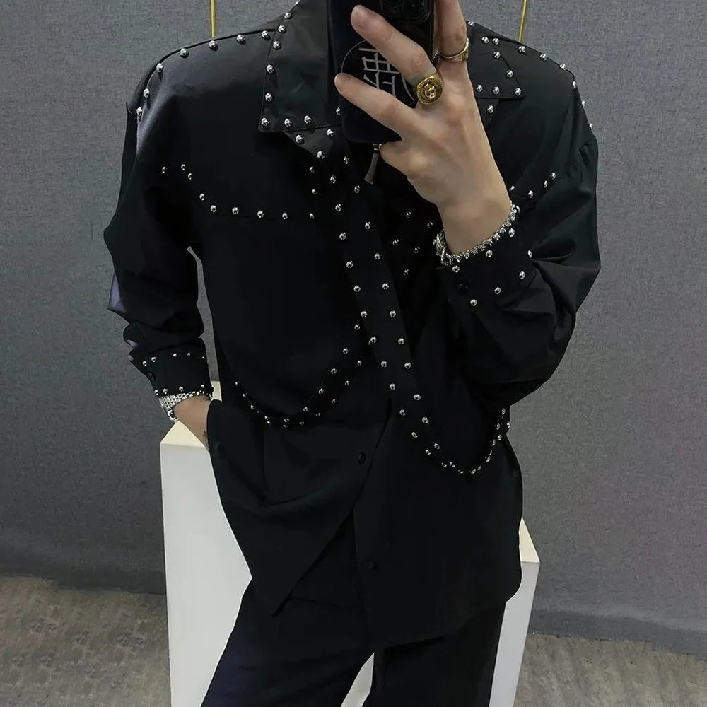 Mens Ribbons Rivets Shirts Autumn Streetwear Fashion Trends Campus Performances Casual Long-Sleeve Tops Men'S Clothing 2024