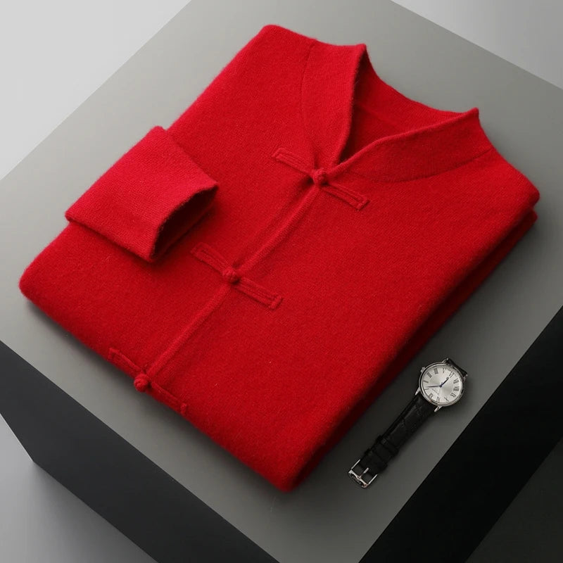 Autumn and winter new 100% merino wool men's cardigan retro Tang suit casual cashmere sweater knitted padded jacket