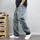 2025 Summer American Retro Loose Straight Leg Jeans for Men with Torn Holes, Patch Fabric, Versatile Long Pants in Blue
