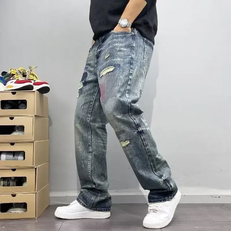 2025 Summer American Retro Loose Straight Leg Jeans for Men with Torn Holes, Patch Fabric, Versatile Long Pants in Blue