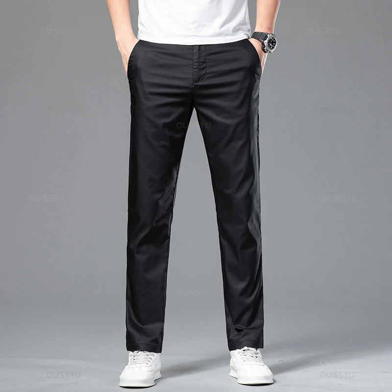 New Summer Cosy Soft Bamboo Fiber Straight Suit Pants Men Business Stretch Thin Navy Blue Casual Trousers Male Large Size 40 42