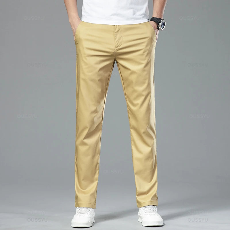 New Summer Cosy Soft Bamboo Fiber Straight Suit Pants Men Business Stretch Thin Navy Blue Casual Trousers Male Large Size 40 42